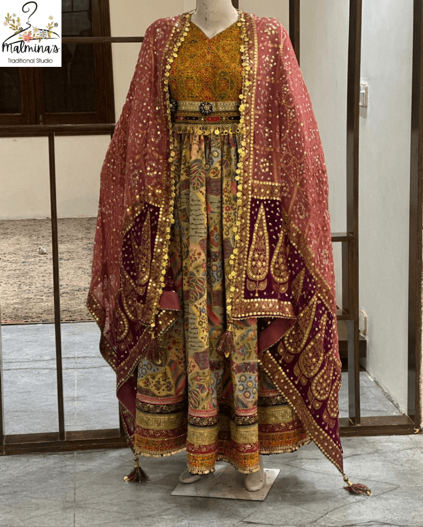 Regal Multicolored Traditional Ensemble with Handcrafted Embroidery and Mirror Work