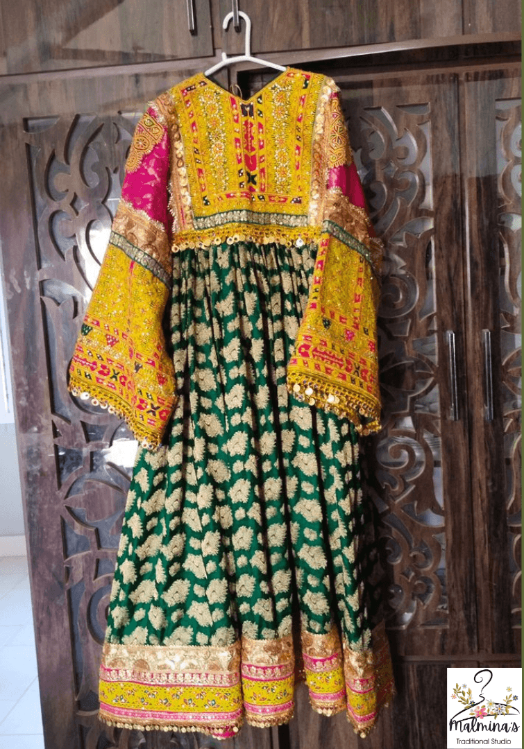 Green and Multicolor Embroidered Traditional Dress on Banarsi Fabric