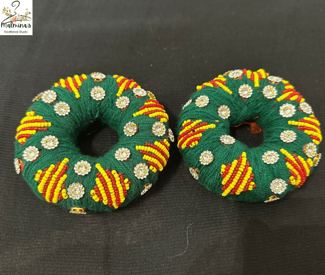 🌼 Watti Fancy Large Handmade Buttons – Set of 2 (Green with Yellow Work)