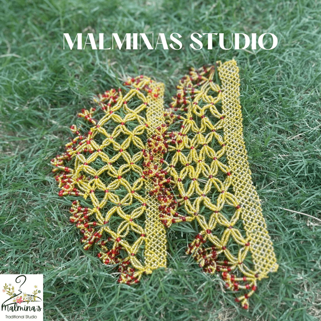 Handcrafted Beaded Matti – Yellow & Maroon Elegance