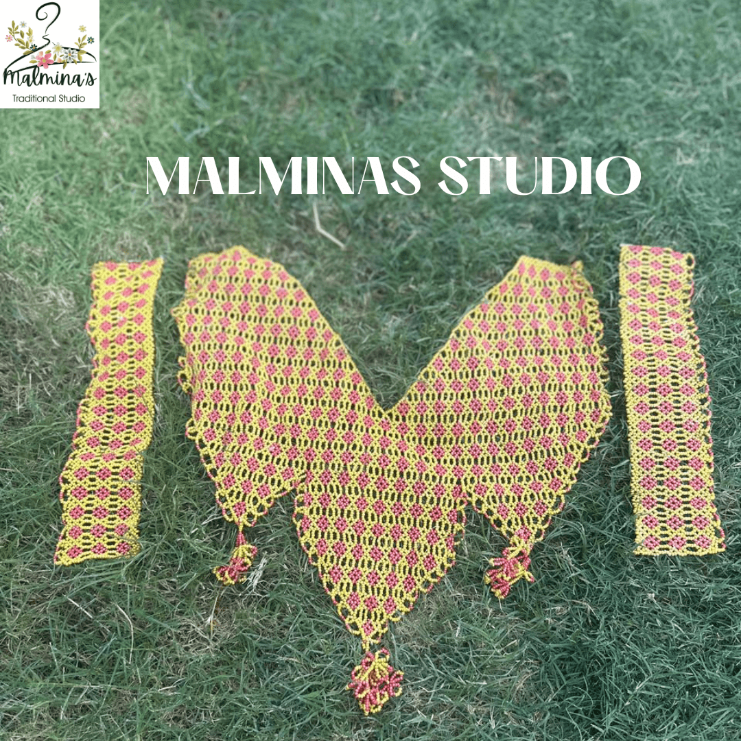 Beaded Embroidered Neck Piece with Sleeves yellow and red 