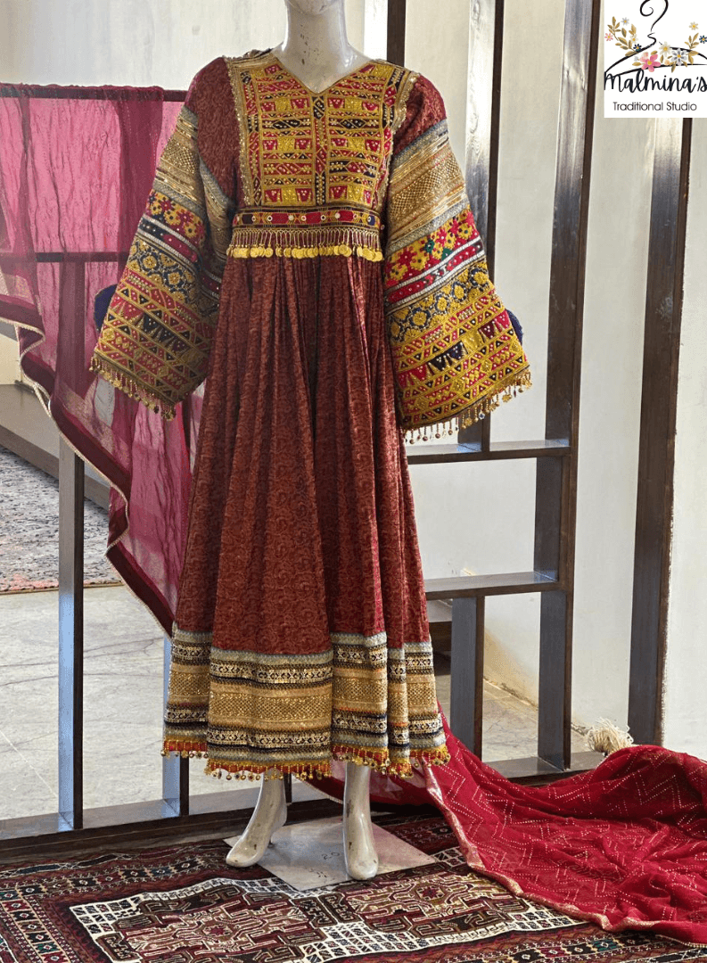 Rust Red Traditional Dress with Intricate Tribal Embroidery and Handcrafted Details